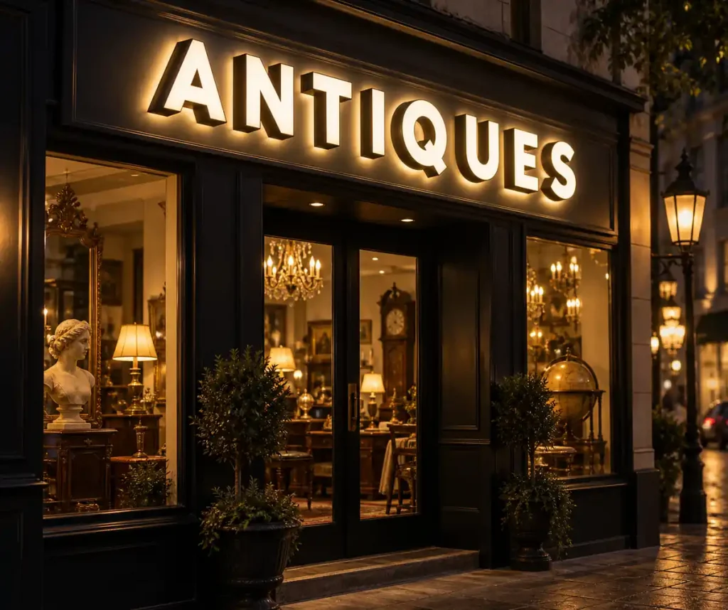 Antiques Front and Back Lit Sign — Day sample