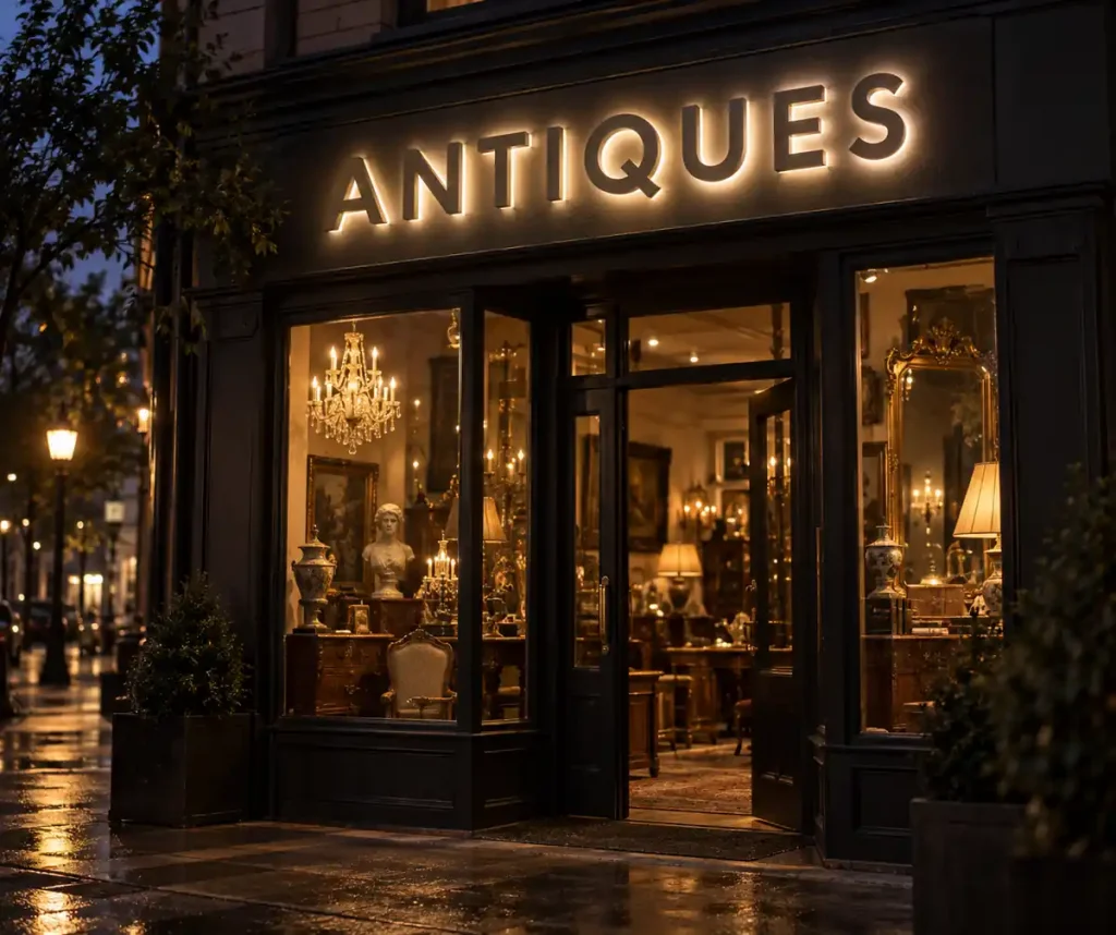 Antiques Halo Lit Channel Letters — Day sample