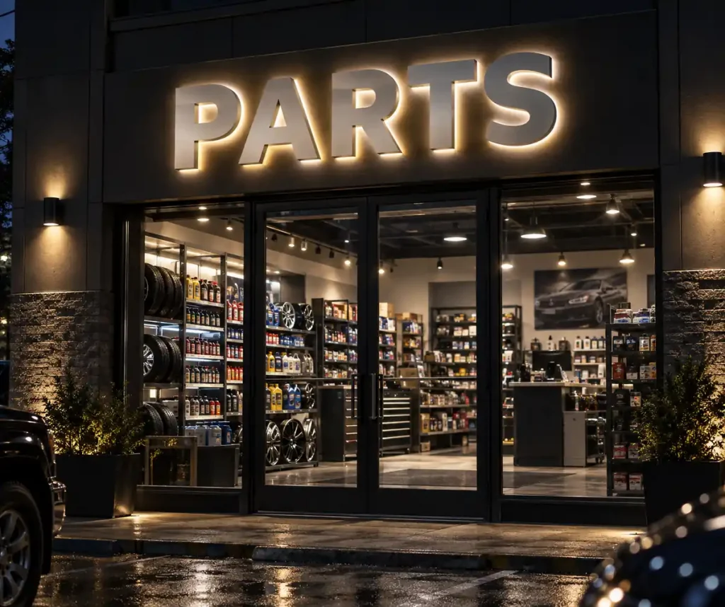 Auto Parts Halo Lit Channel Letters — Day sample