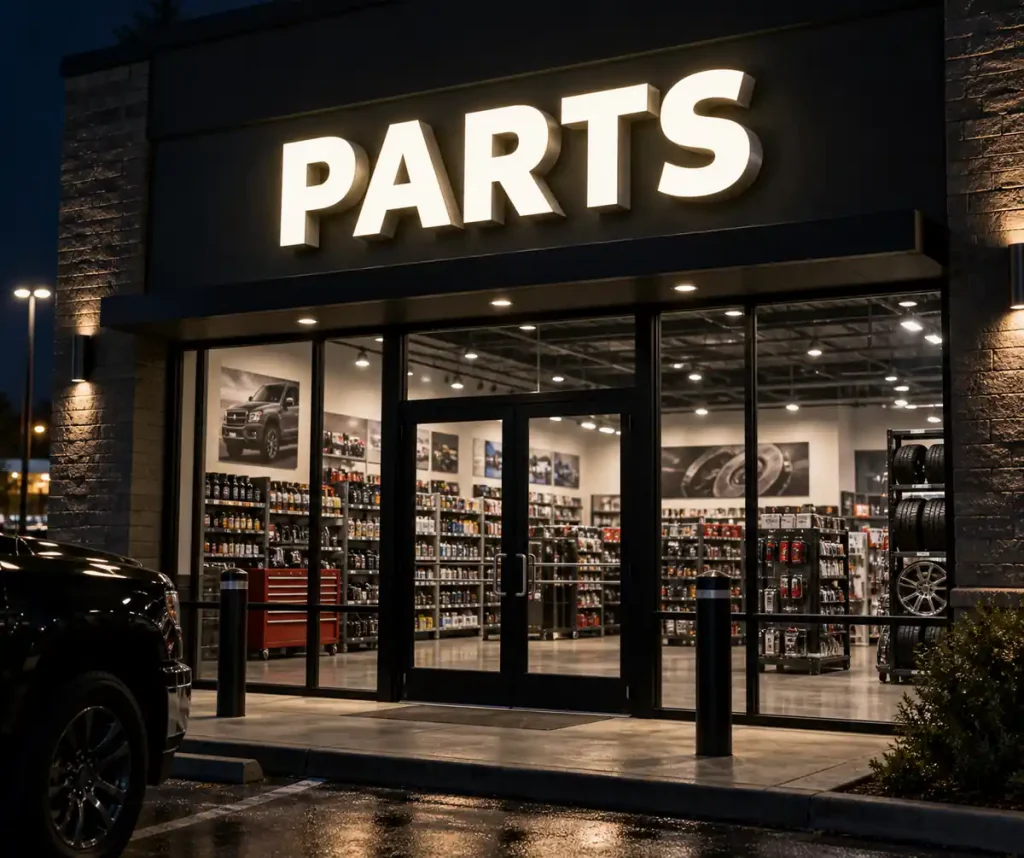 Auto Parts Front Lit Channel Letters — Day sample