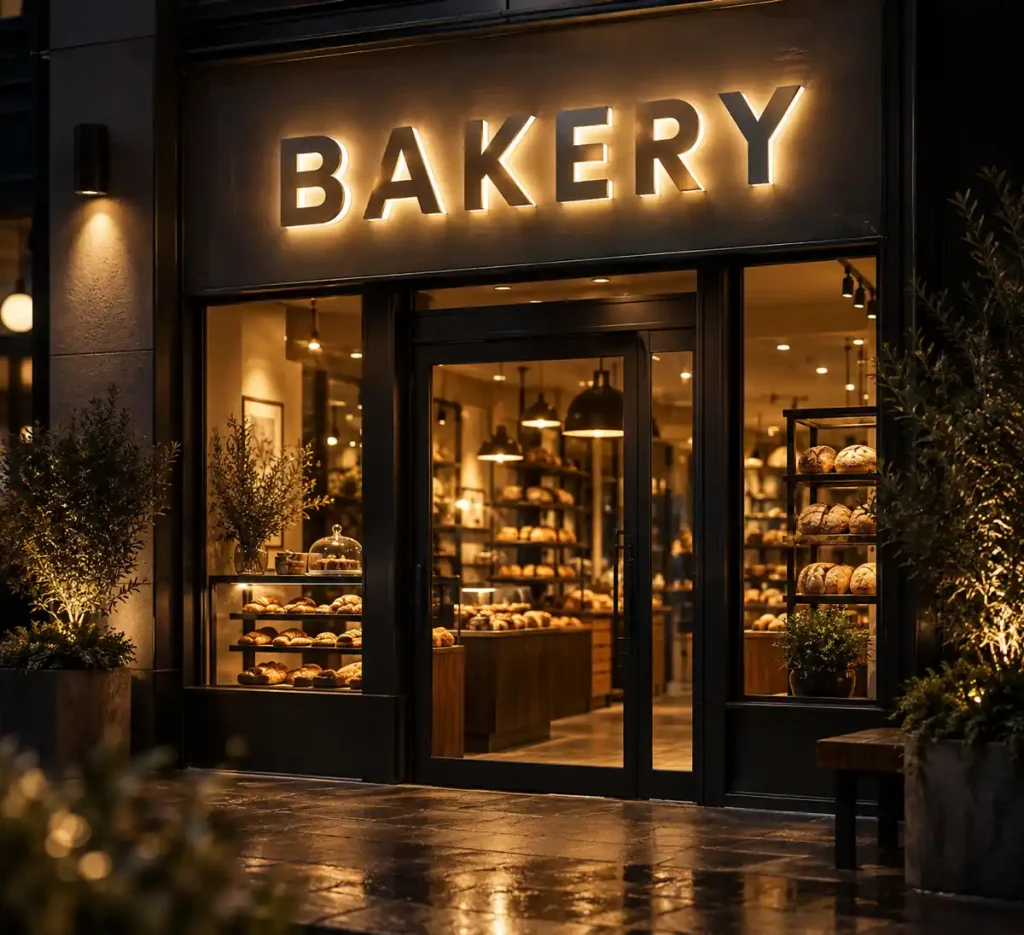 Bakery Halo Lit Channel Letters — Day sample
