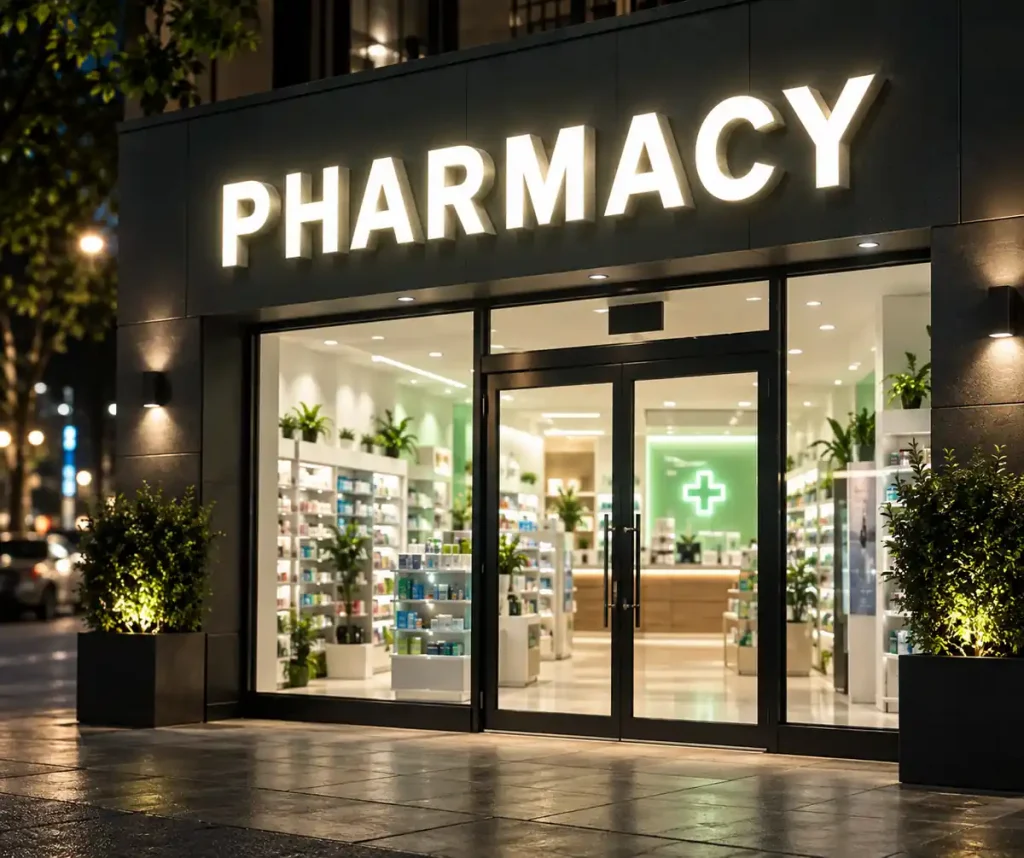Pharmacy Front Lit Channel Letters — Day sample