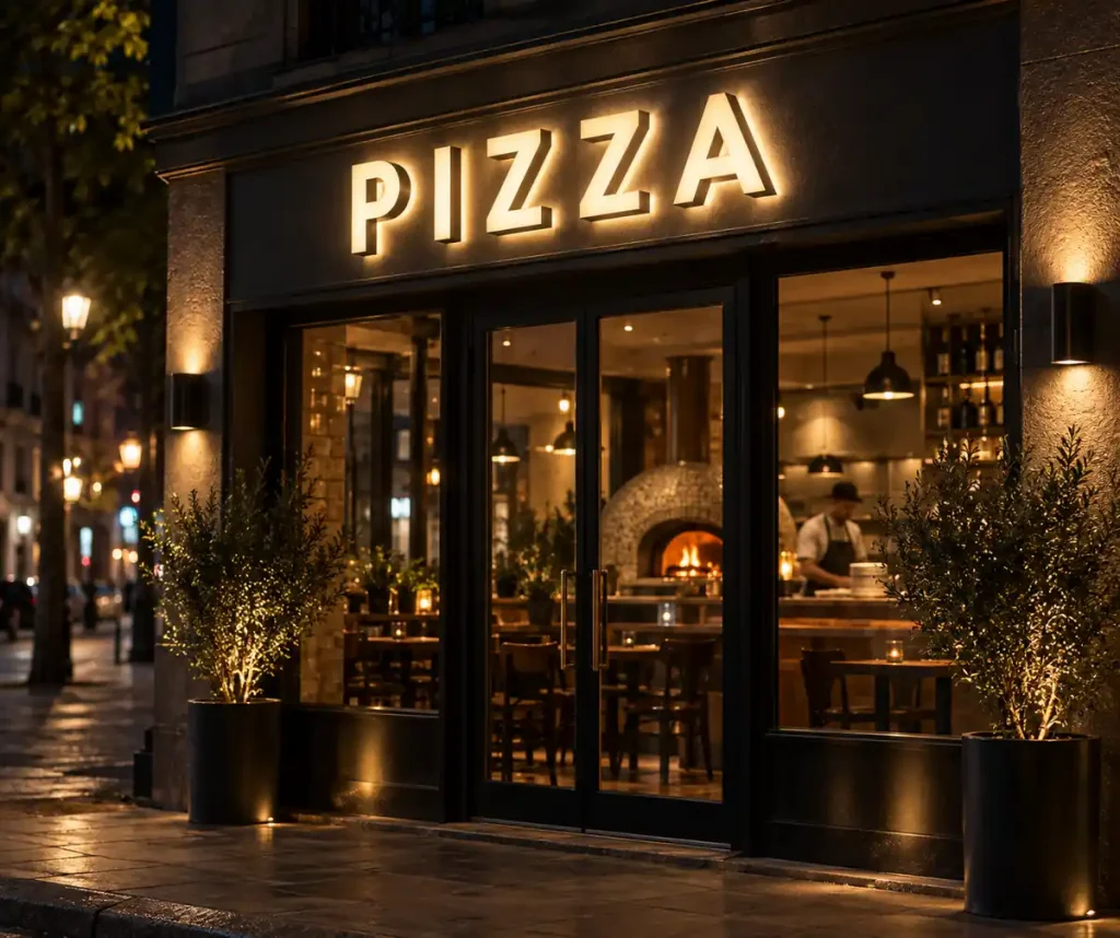 Pizza Shop Halo Lit Channel Letters — Day sample