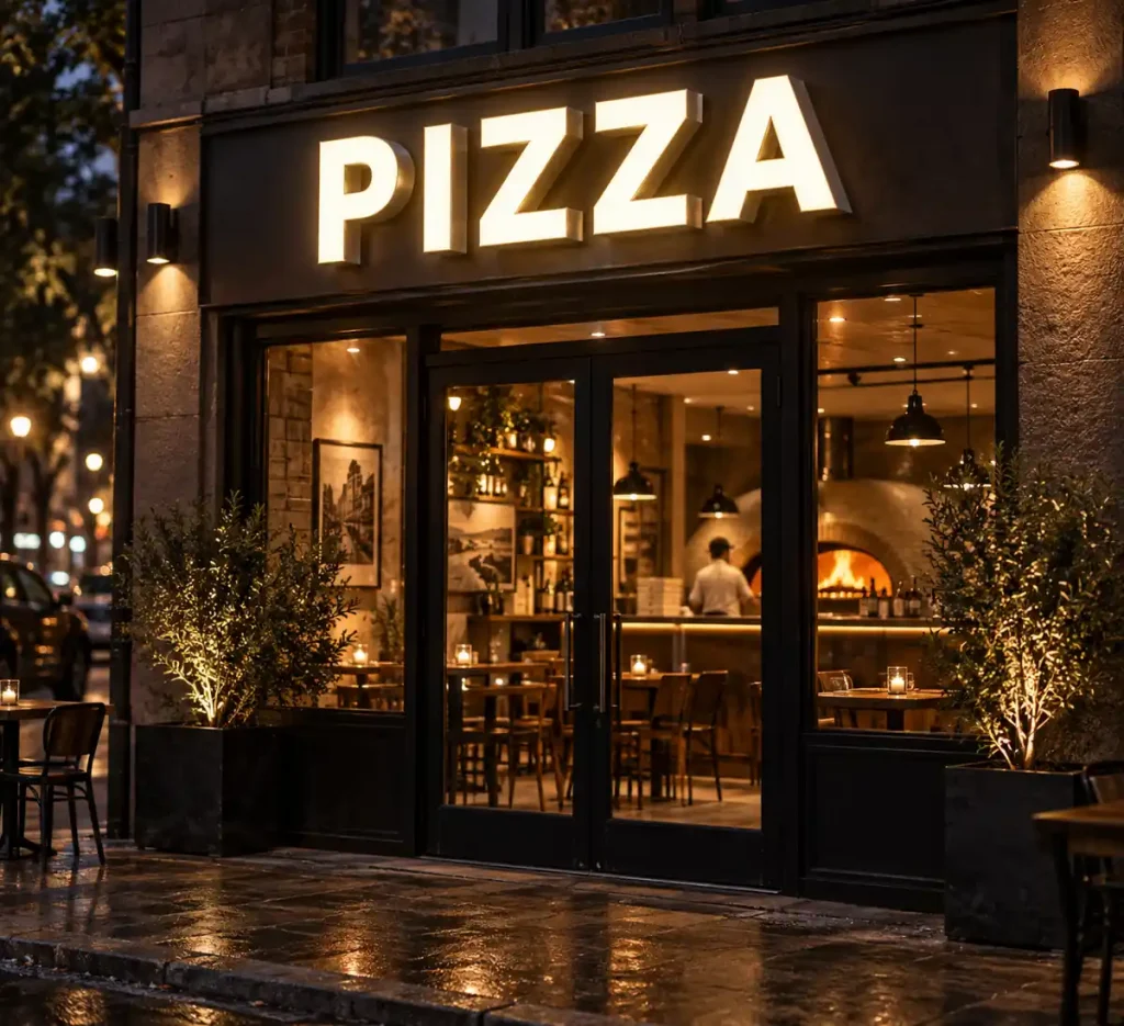Pizza Shop Front Lit Channel Letters — Day sample