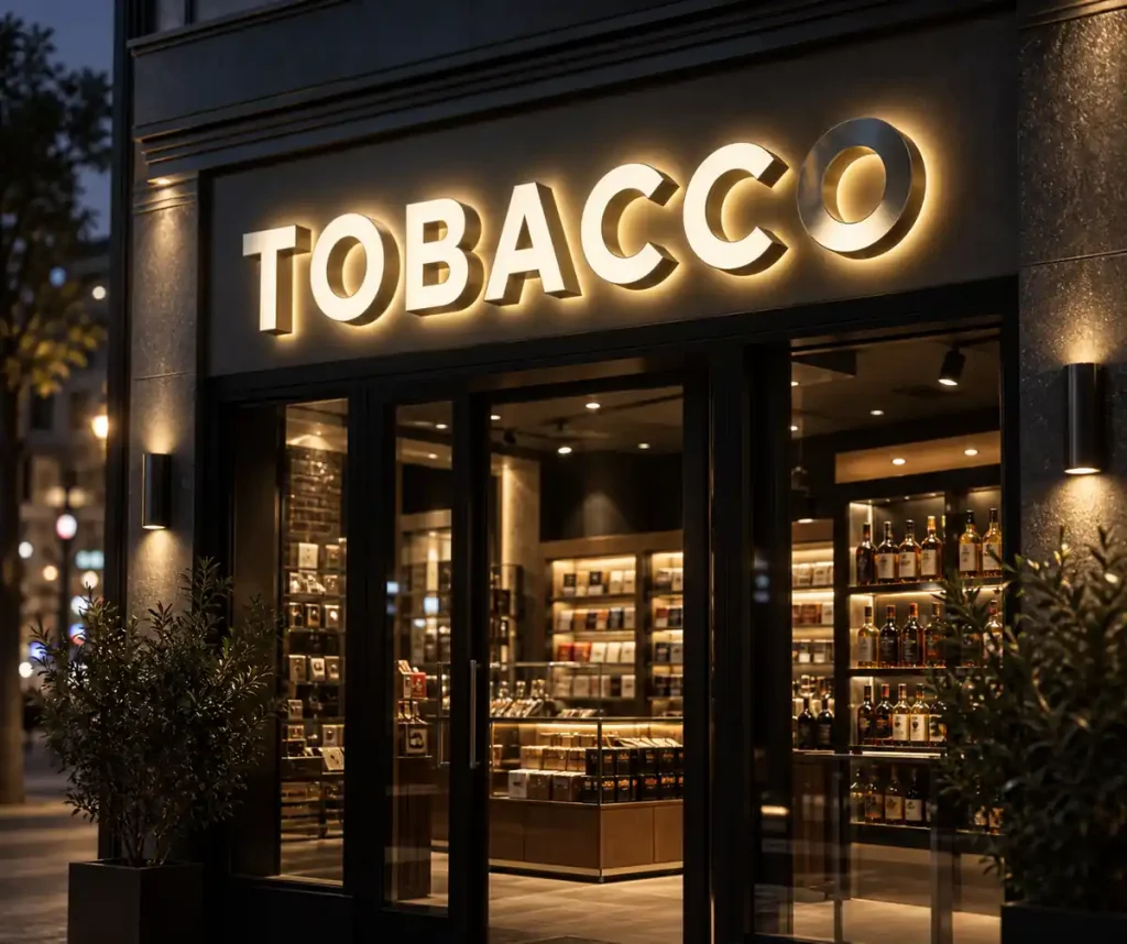 Tobacco & Liquor Halo Lit Channel Letters — Day sample