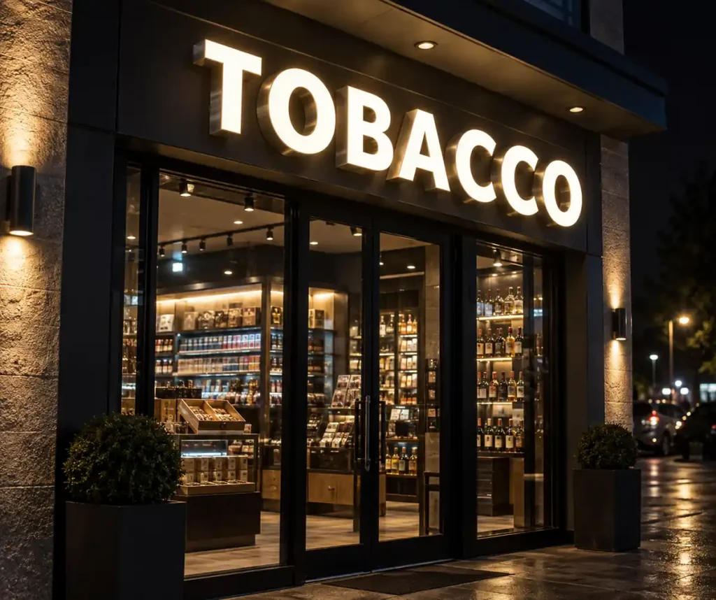 Tobacco & Liquor Front Lit Channel Letters — Day sample