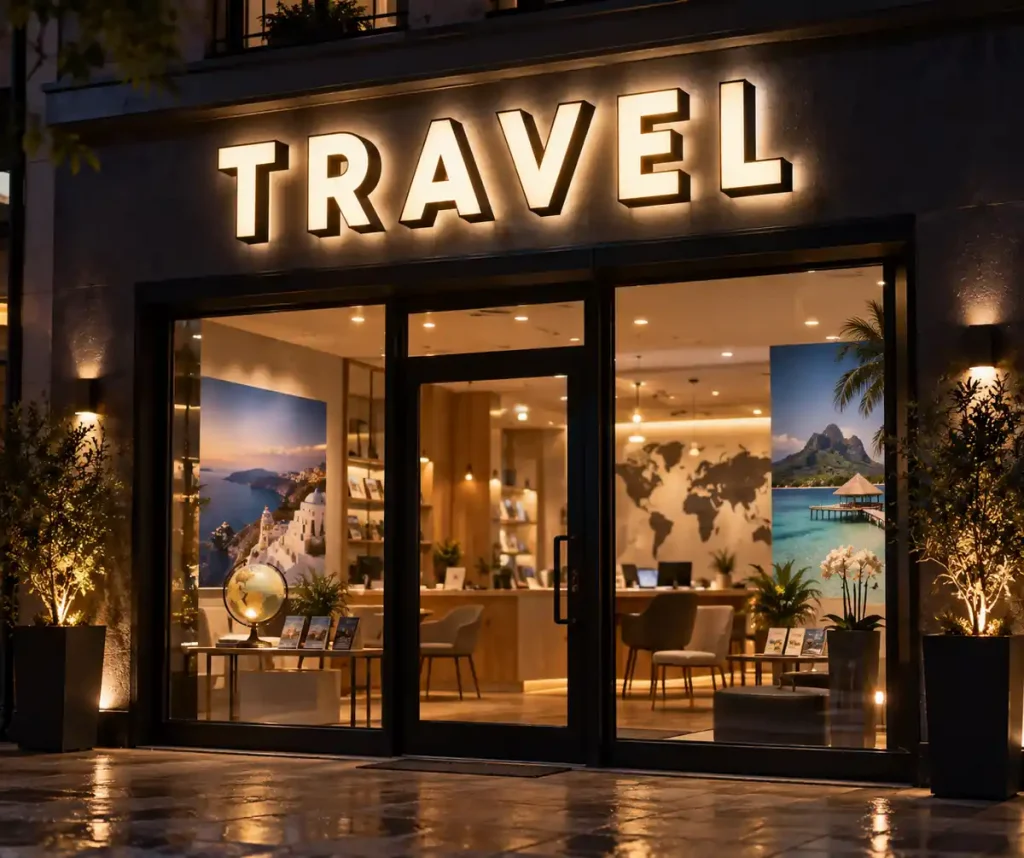 Travel Agency Front and Back Lit Sign — Day sample