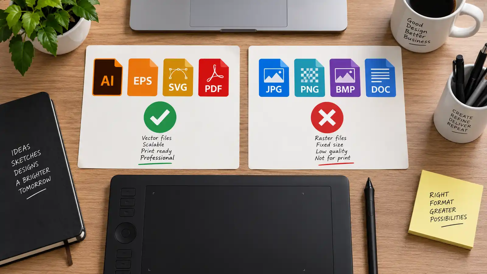 Vector file formats AI EPS SVG PDF compared with raster JPG PNG BMP