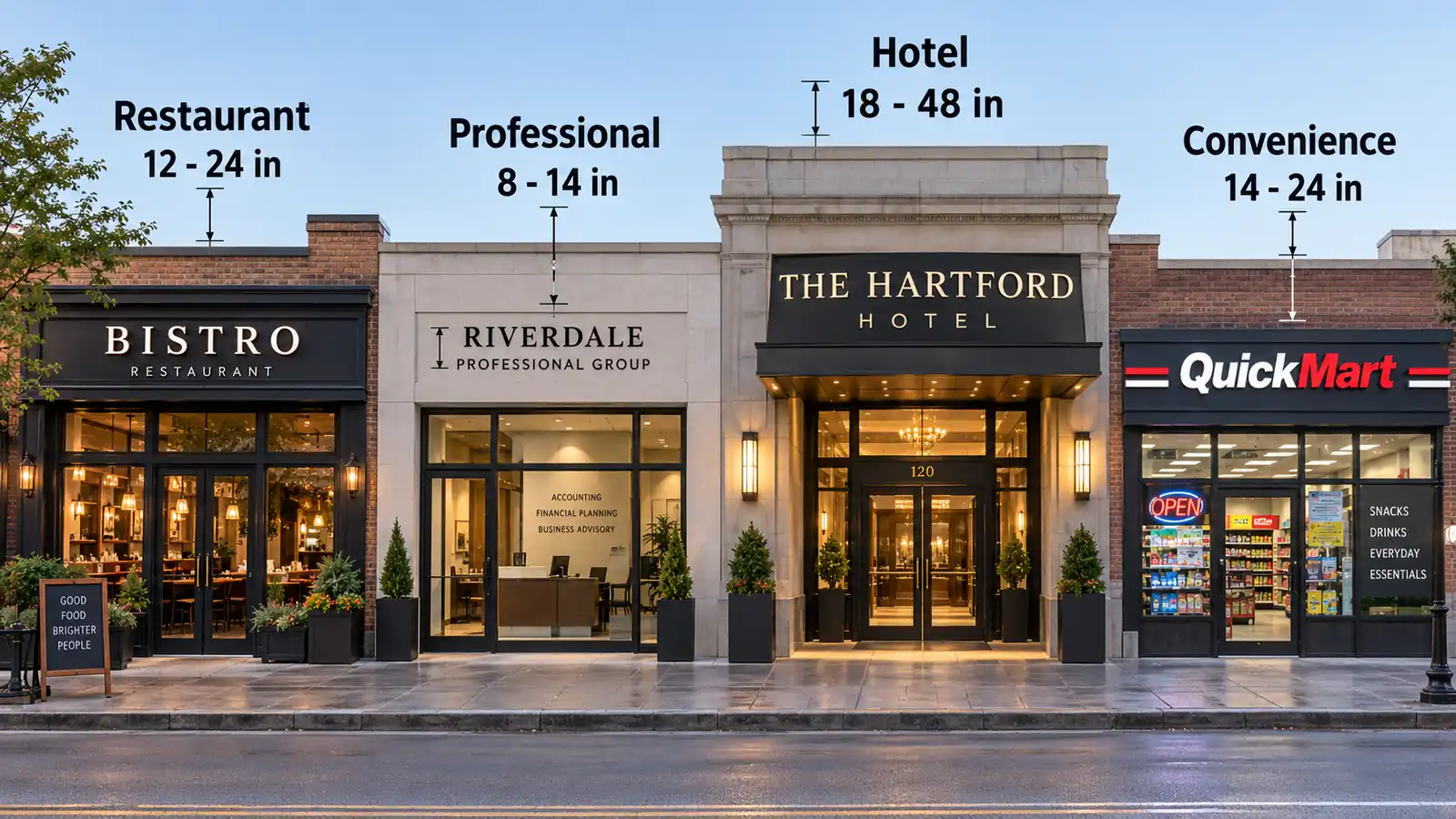 Channel letter height ranges by storefront type chart