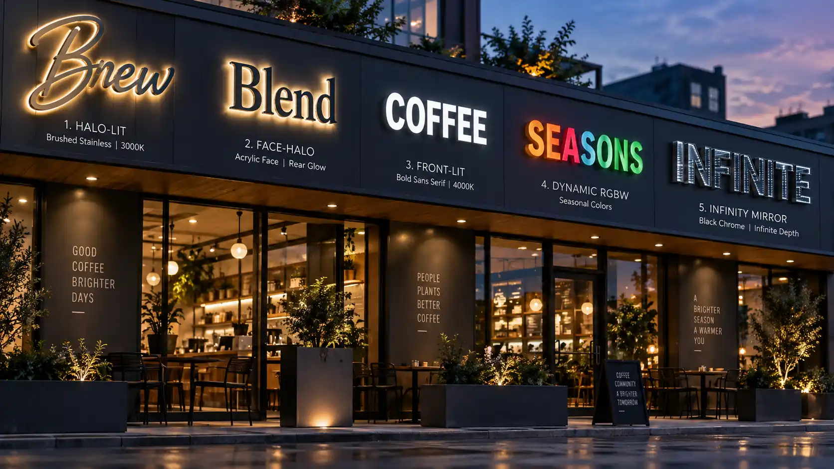 Coffee shop storefront showcasing five channel letter styles: halo-lit script, face-halo, front-lit, dynamic luminous, infinity mirror