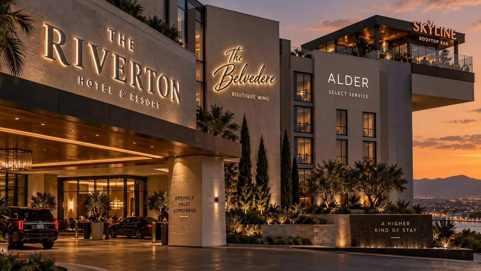 Luxury hotel facade at dusk with face-halo, halo-lit script, front-lit, and infinity mirror channel letters