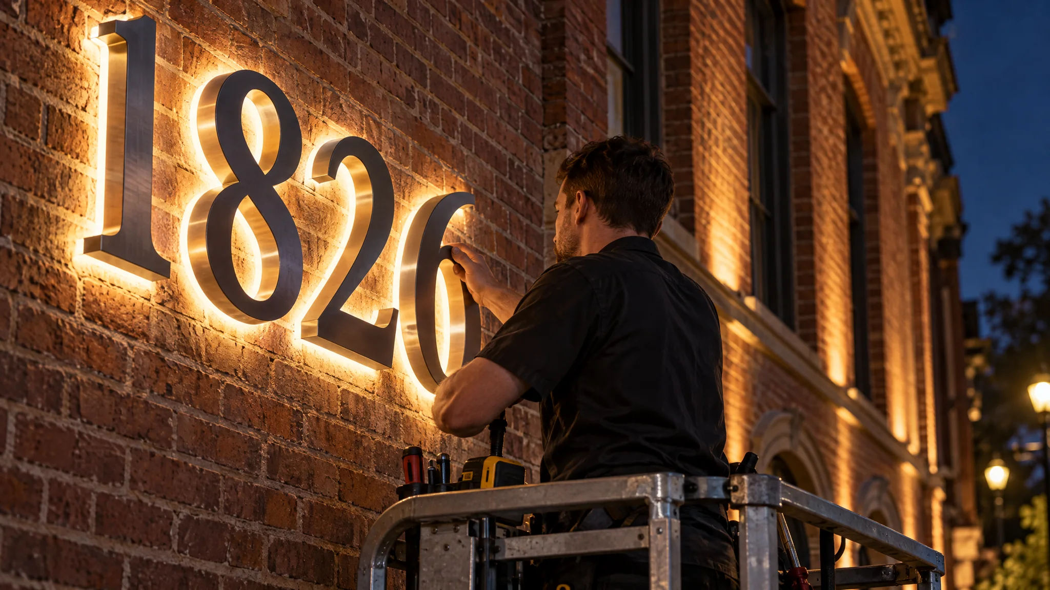 Technician installing halo-lit channel letters on a historic brick facade during a retrofit project