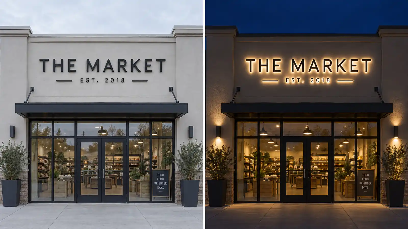 The same storefront channel letter sign shown unlit in flat daylight and glowing warm white at night