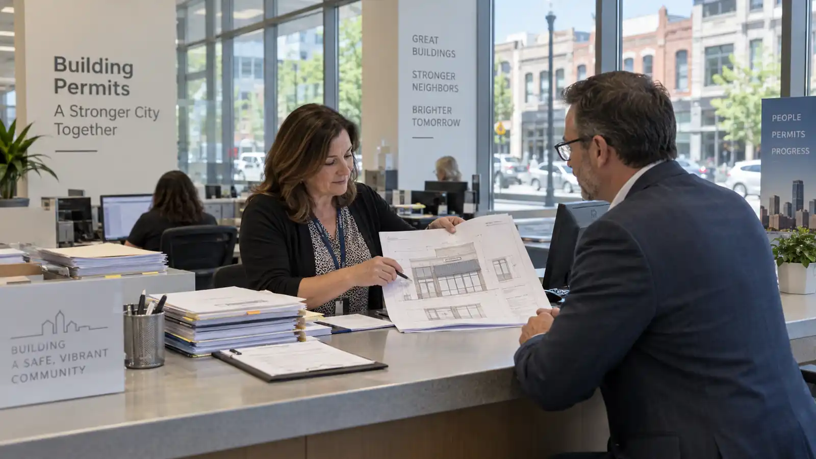 City building permits counter where a clerk reviews an architectural sign drawing with an applicant