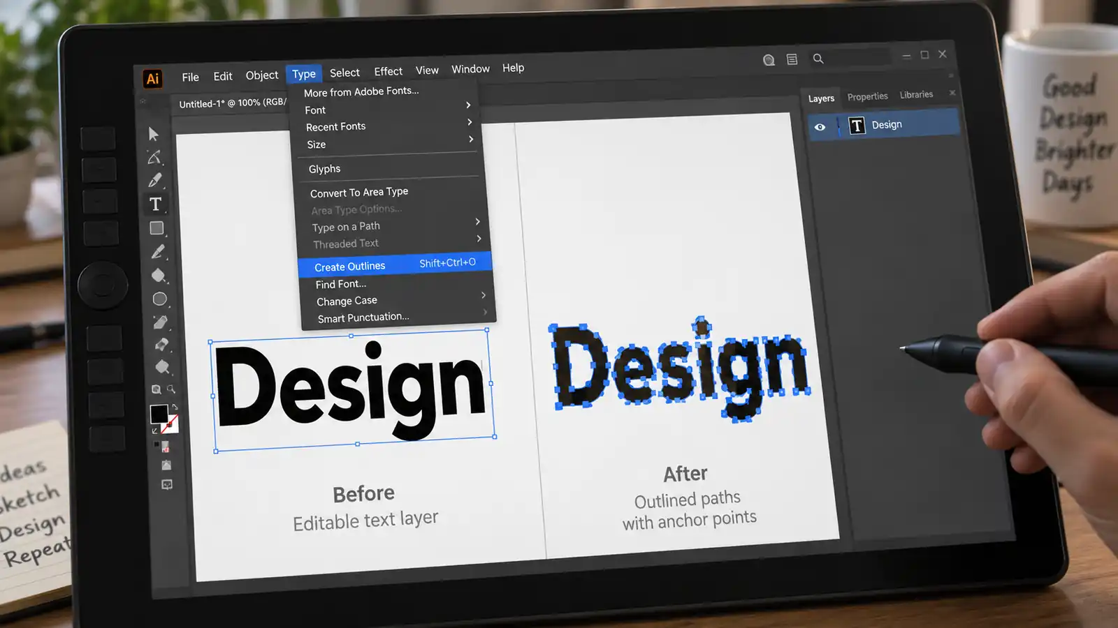 Converting live text to outlines in vector design software